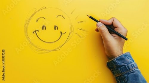A hand holding a pencil draws a simple smiley face sun on a bright yellow surface