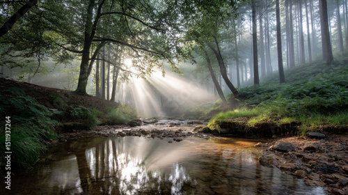 Beautiful forest background for screensaver. with sunbeams. Calm close-up of fairytale forest and nature landscape, panorama. Summer vacation, holiday, amazing nature.