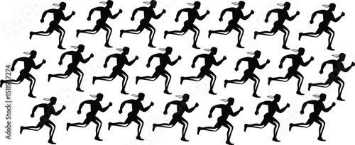 A group of 20 black silhouette runners in a dynamic running pose arranged in 3 staggered rows on a clean white background. The runners are evenly spaced so that none of them touch or overlap