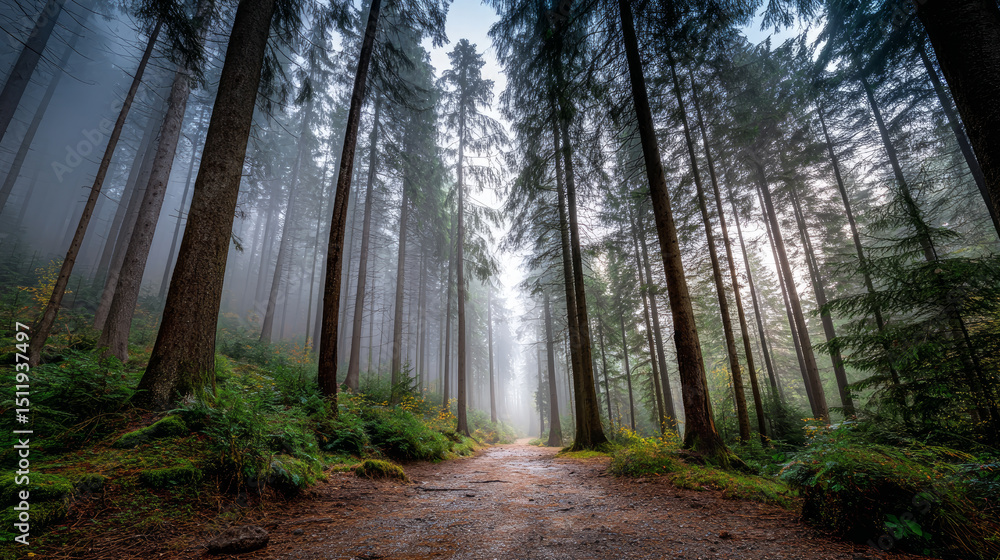 Fototapeta premium Beautiful forest background for screensaver. with sunbeams. Calm close-up of fairytale forest and nature landscape, panorama. Summer vacation, holiday, amazing nature.