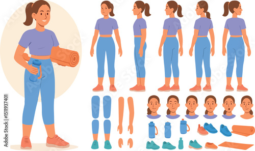 Sporty girl wearing fitness clothes holding protein shaker. Character constructor for animation. Front, side and back view set. Body parts, postures, poses collection. Vector illustrations.eps