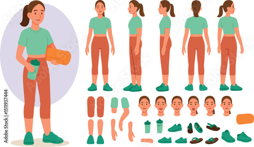 Sporty girl wearing fitness clothes holding protein shaker. Character constructor for animation. Front, side and back view set. Body parts, postures, poses collection. Vector illustrations.eps