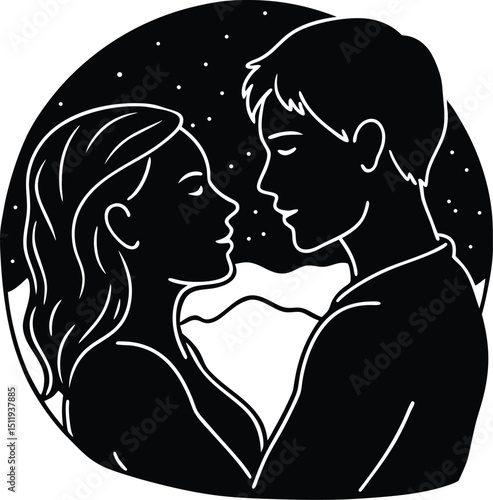 silhouette of a man and woman couple standing close, romantic pose at sunset, soft background glow and emotional connection, perfect for love and relationship themes
