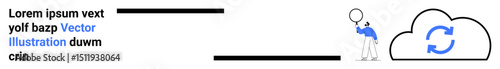 Cloud with sync icon, individual using magnifying glass for inspection or analysis. Ideal for cloud computing, data synchronization, technology, research, analytics, monitoring, or a simple landing