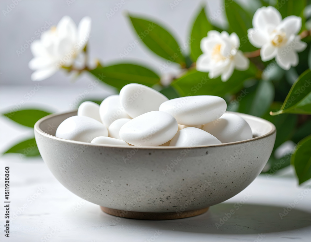 Serene White Stones in a Bowl A Tranquil Macro Photograph Serene White Stones in a Bowl A Tranquil Macro Photograph