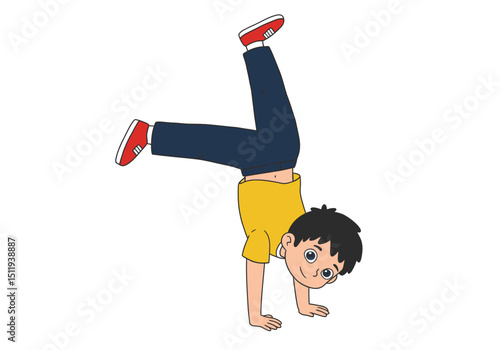 Cartoon Boy Doing a Handstand with Red Shoes and Blue Pants