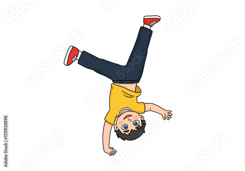 Cartoon Boy Doing a Handstand with Red Shoes