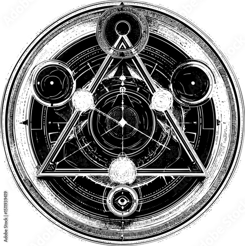 A complex black and white circular design features a central triangle and abstract geometric and symbolic elements.