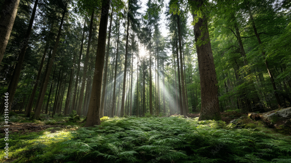 Obraz premium Beautiful forest background for screensaver. with sunbeams. Calm close-up of fairytale forest and nature landscape, panorama. Summer vacation, holiday, amazing nature.