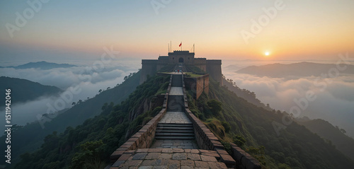 Historic Raigad Fort atop a foggy Sahyadri hill at dawn, ancient stone steps and strong walls rising from the mist, Maratha flags flying, cinematic lighting over a landscape of power and history.