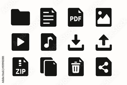 Set of 12 black file and media icons