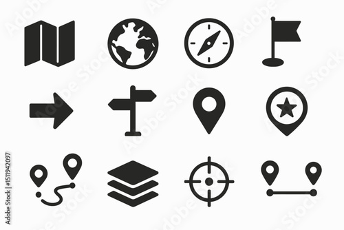 Navigation icons set: compass, map, earth, locations, flag, directions