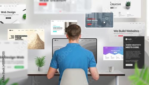 Wallpaper Mural Back view of a web designer working at a desk, focused on a computer screen while numerous website layouts fly forward around him. Powerful visual of creative productivity and digital content creation Torontodigital.ca