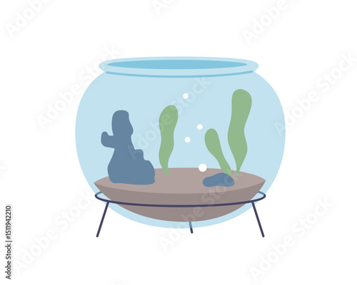Round aquarium, fishbowl. Transparent glass tank, fish bowl with water, sand, stone and green leaves decoration, aquatic seaweed plants. Flat vector illustration isolated on white background.