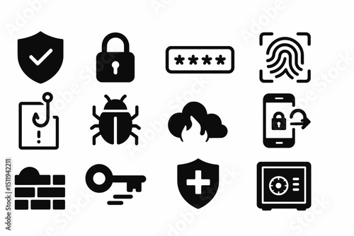 Cybersecurity icons: locks, firewalls, fingerprints, and more