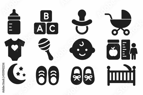 Baby essentials: icons of bottle, blocks, pacifier, stroller, onesie, rattle, face, baby food, crib