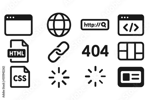 Web design icons: html, css, 404 error, loading, link, browser, code