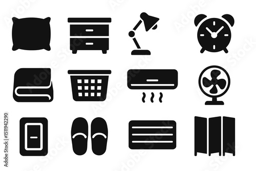 Essential bedroom icons: pillow, lamp, clock, fan, and more
