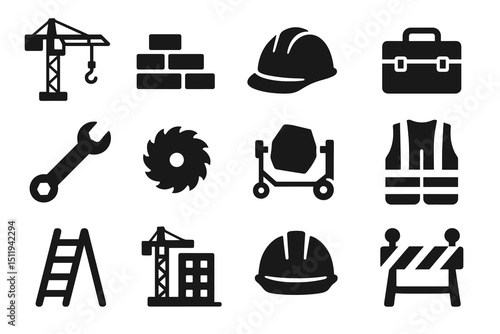 Construction equipment icons: hard hat, crane, toolbox, tools, safety gear