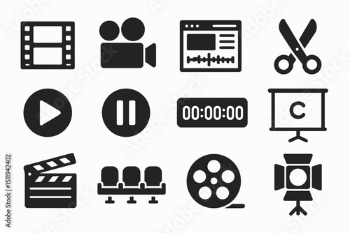 Film and editing icons: video camera, scissors, clapboard, film reel, screen, light