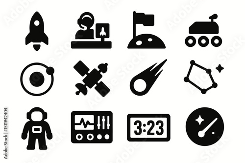 Space exploration icons: rocket, astronaut, rover, satellite, meteor