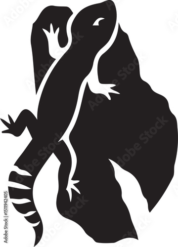 Silhouette of a lizard clinging to a rock, a black and white illustration