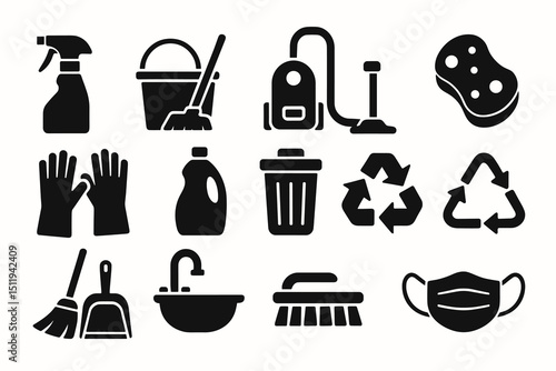 Cleaning equipment icons: spray bottle, mop, vacuum, sponge, gloves, recycling symbol, mask