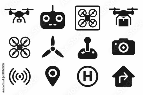 Drone and tech icons set: drones, controllers, camera, gps, propellers