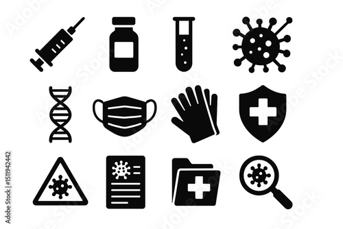 Medical icons: vaccine syringe, virus, dna strand, face mask, protective shield, safety sign