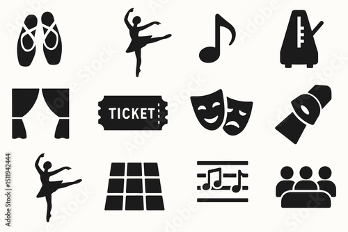 Ballet and theater icons: shoes, dancer, music, curtains, ticket, spotlight