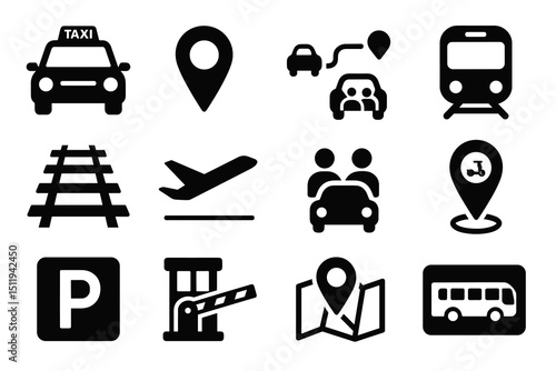Transportation icons: taxi, map, train, railroad, airplane, car, parking, bus