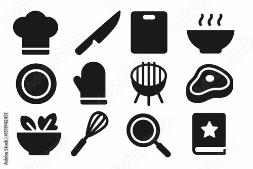 Culinary icons set: chef hat, knife, cutting board, bowl, steak, and more