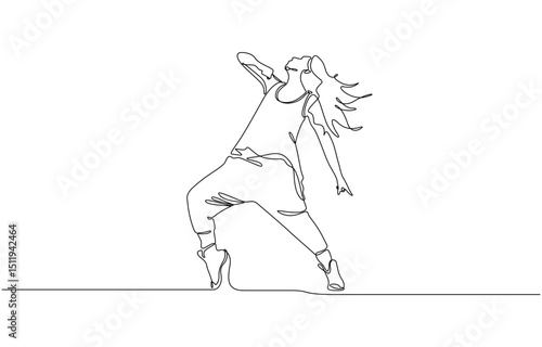 Single continuous line drawing of young energetic hip-hop dancer woman practice break dancing,  Single one line art concept of female hip hop dance. Vector illustration.