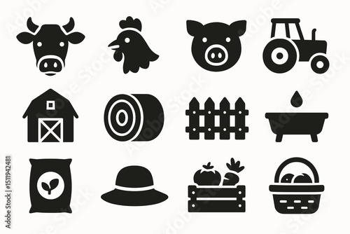 Farm icons: cow, chicken, pig, tractor, barn, fence, produce basket, hay bale, seed bag, hat