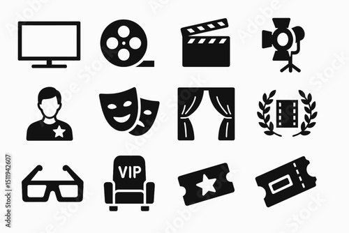 Cinema and theater icons: film reel, clapperboard, stage, vip seat, tickets, awards