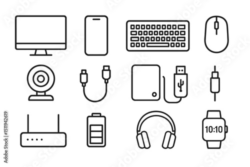 Technology icons set: monitor, smartphone, keyboard, mouse, headphones