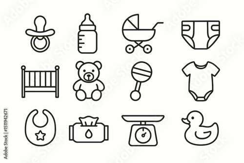 Outline icons of baby essentials including pacifier, stroller, and diaper