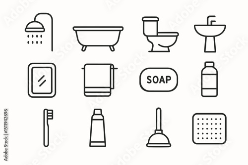Minimalist bathroom icon set with shower, bathtub, and toilet