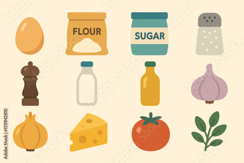 Colorful icons of common cooking ingredients including egg, flour, sugar, and vegetables