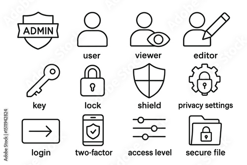 Admin and user icons for privacy and security settings - key, lock, shield symbols