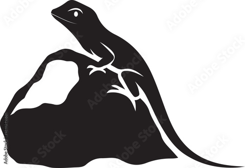 Silhouette of a lizard perched on a rock, a minimalist design
