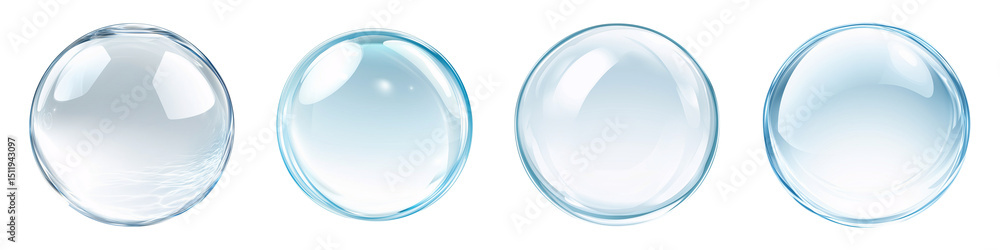 Four glossy spheres show water reflections on different light shades on transparent background Four glossy spheres show water reflections on different light shades on transparent background