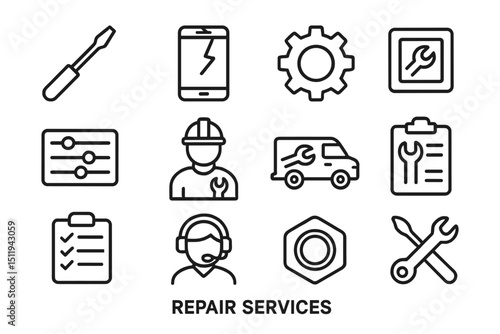 Repair services icons: tools, technician, support, gear, van