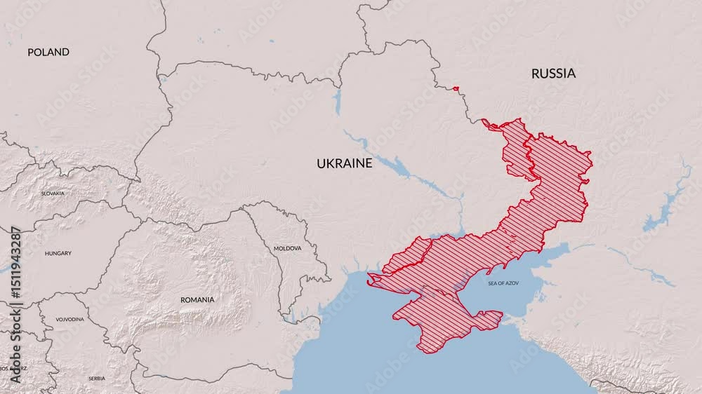 Map of Ukraine with illegally russian annexed territory border, May 2025