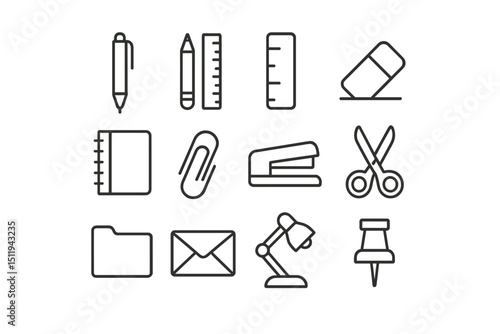 Collection of minimalist office supply icons on dark background