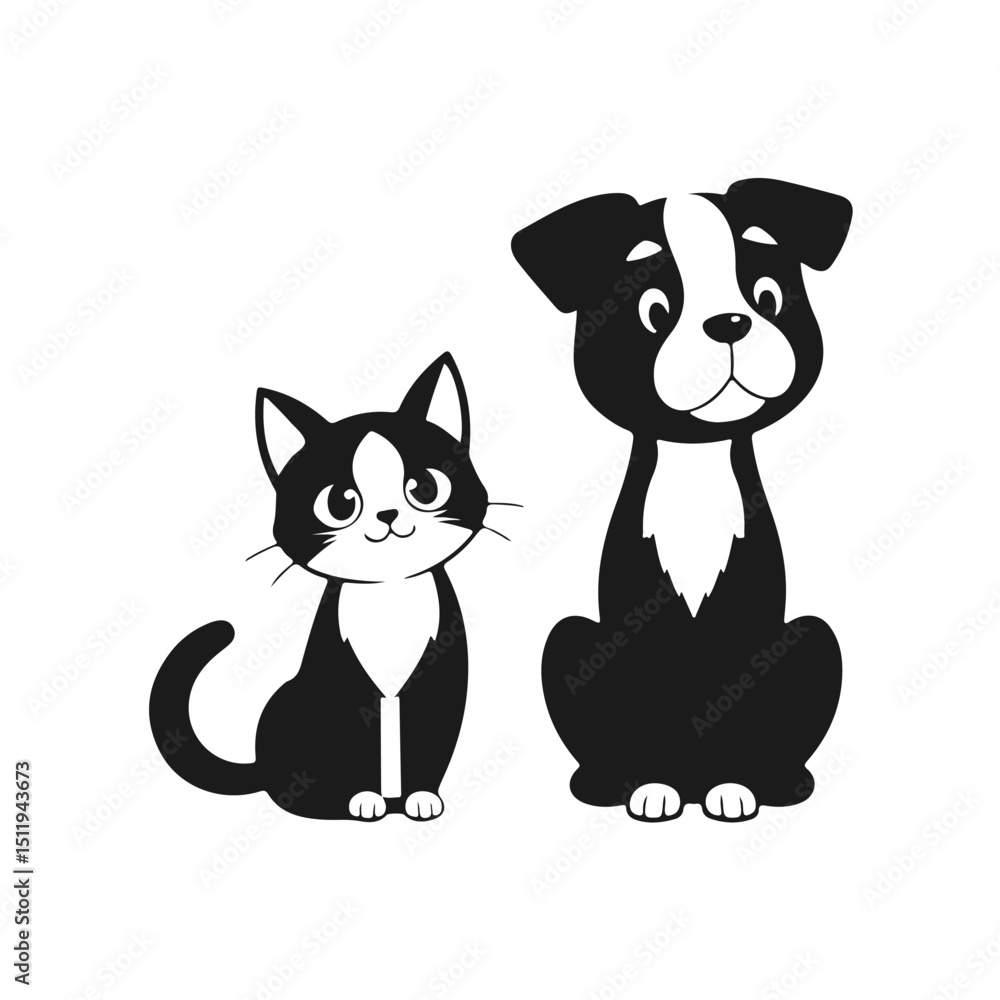 Obraz premium Cartoon cat and dog, cute pet friends, funny animal characters, adorable vector art, playful animal drawing