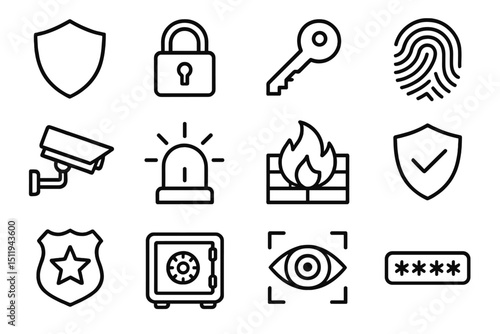 Security icons set featuring lock, key, fingerprint, camera, and safe symbols