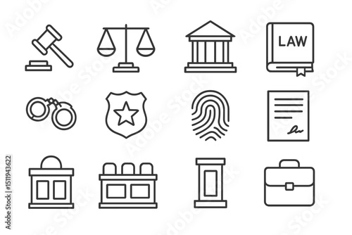 Legal symbols set featuring justice, law, and order icons on metallic background