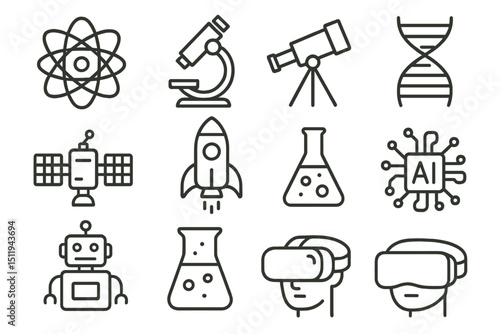 Science and technology icons: microscope, telescope, dna, ai, virtual reality