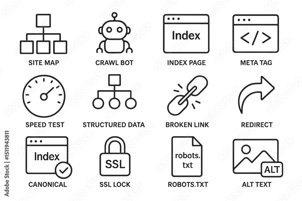 Fototapeta premium Website seo elements: sitemap, crawl bot, meta tags, speed test, structured data, ssl lock